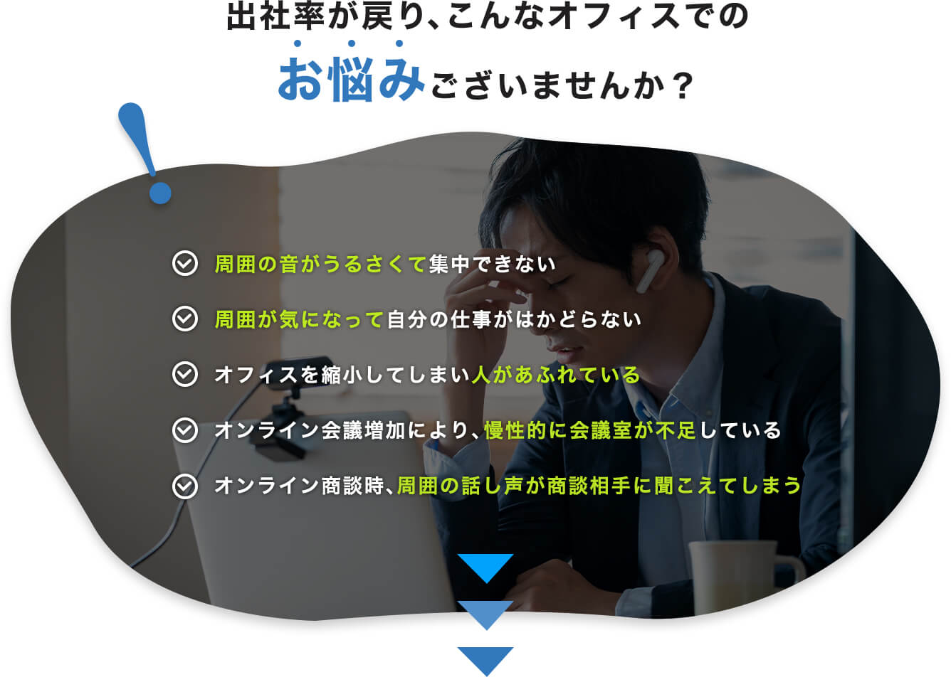 出社率が戻り、こんなオフィスでのお悩みございませんか？周囲の音がうるさくて 周囲が気になって 人があふれている 慢性的に会議室が不足 周囲の話し声が商談相手に聞こえてしまう